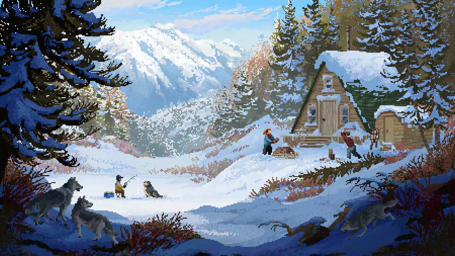 Snowy Cabin Campfire – Wild n Chill Wild n Chill: Pixel art snowy cabin scene with two people, dogs, wolves, and mountains.