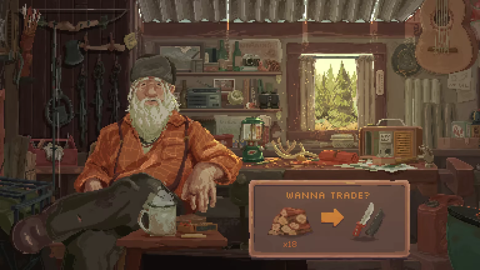 Trader Cabin Scene – Wild n Chill Wild n Chill: Bearded man in cabin; trade UI reads “WANNA TRADE?” with items x18 to knife.