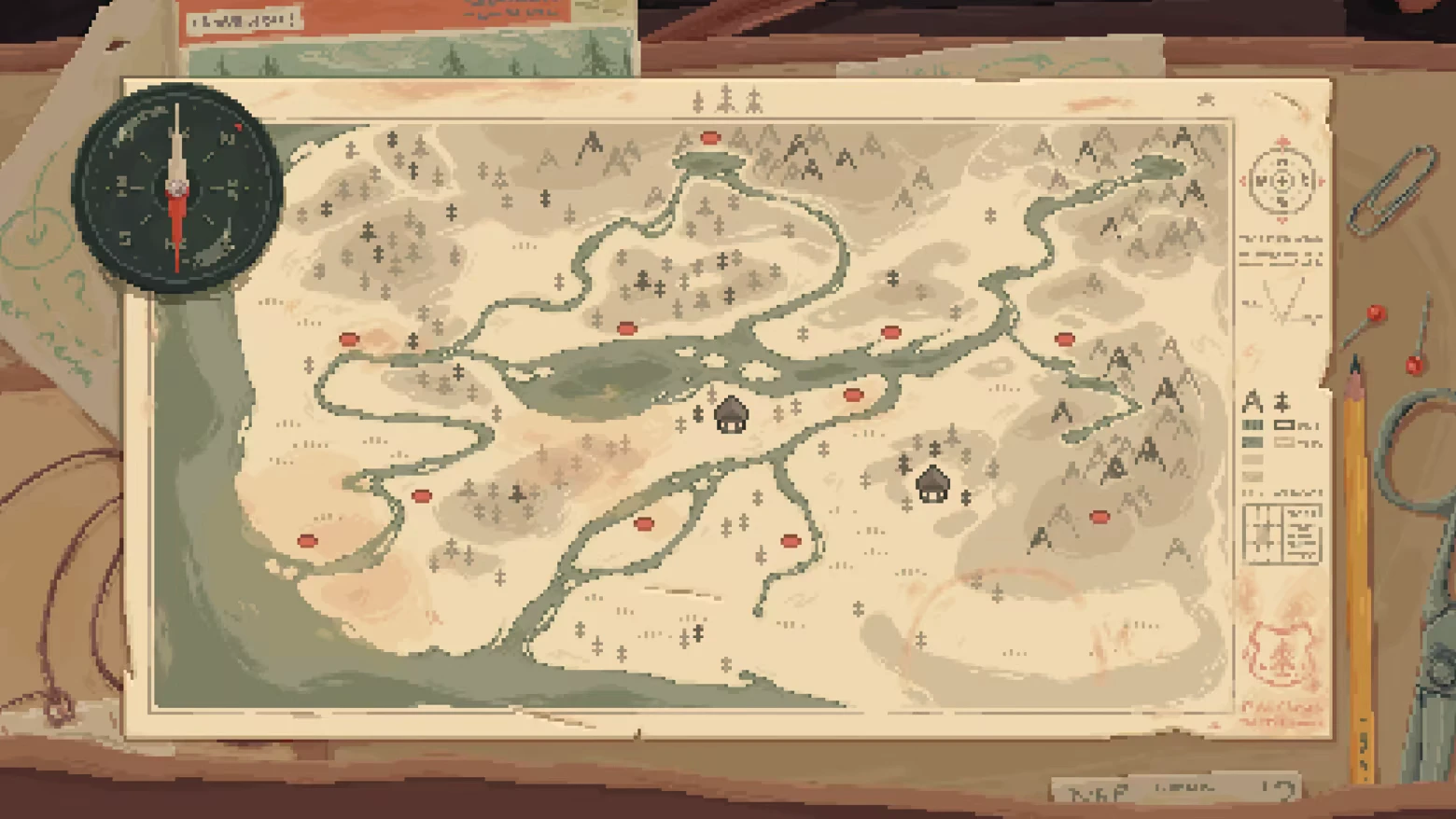 Wilderness Map Screen – Wild n Chill Wild n Chill: Hand-drawn map with rivers, lake, cabins, compass, and pencil on desk.