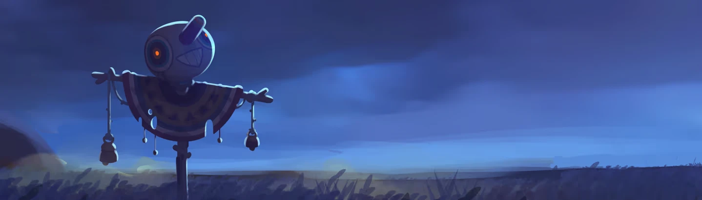 Eerie Scarecrow Totem – Wilderings: The Lost Spring Wilderings: Scarecrow with round metal head and orange eyes under stormy blue sky.