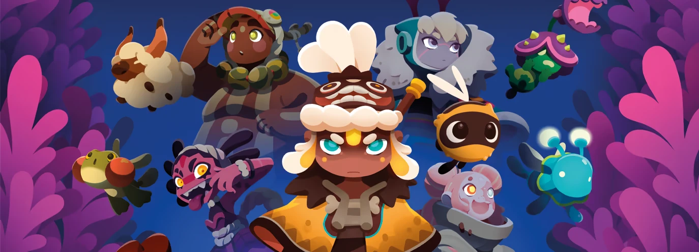 Hantu Crew Art – Wilderings: The Lost Spring Wilderings: Cartoon hero and colorful creatures on blue background with purple leaves.