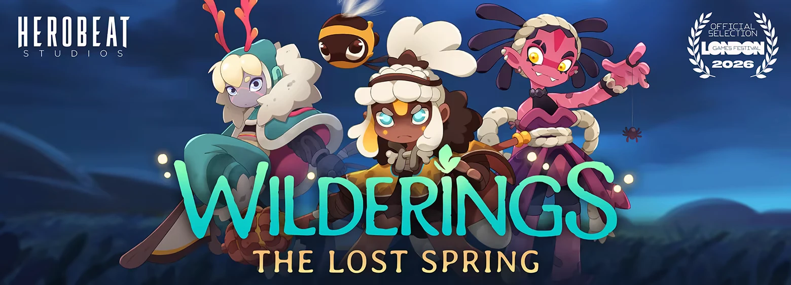 Title Art Characters – Wilderings: The Lost Spring Wilderings: Title art with three characters, Herobeat logo, LGMF 2026 badge.