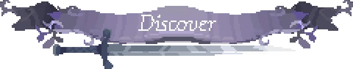 Will O Wing: Pixel sword under purple banner with white text “Discover”.