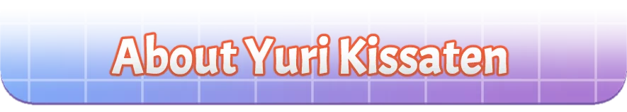 Winter Heat: "About Yuri Kissaten" text in bold white with orange outline on blue-purple grid.