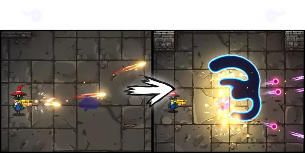 Wizard Shootout – Wish Me Well Wish Me Well: Wizard with red hat fires gun at glowing blue monster in dungeon setting.
