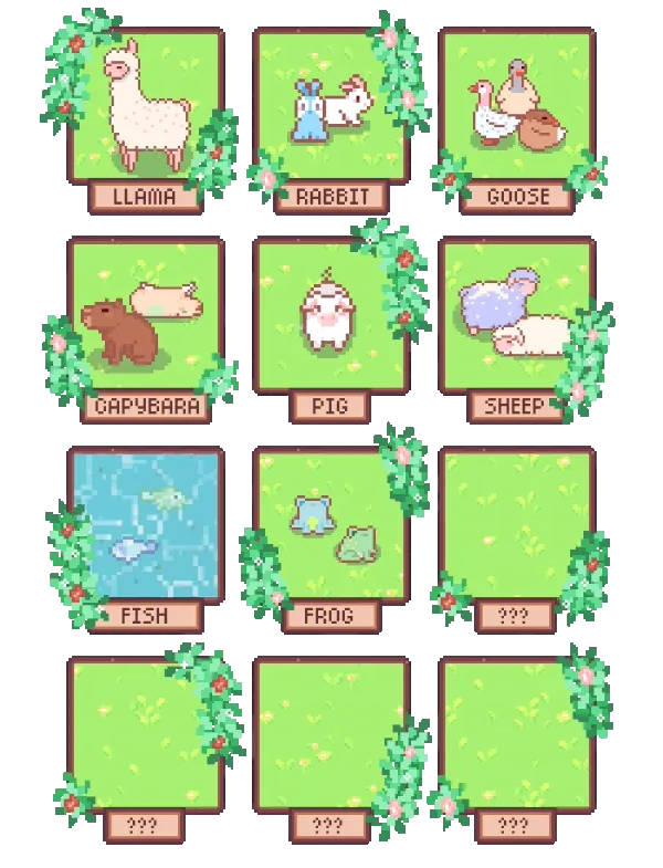 Wish Upon A Llama: Nine animal icons with names, including llama, rabbit, and goose, on green tiles.