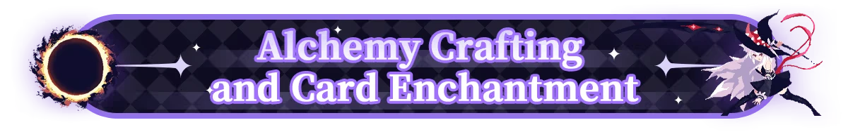 Witch's Apocalyptic Journey: "Alchemy Crafting and Card Enchantment" text with witch and eclipse.