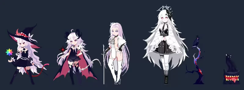 Witch's Apocalyptic Journey: Four witches in unique outfits with magical items and creatures.