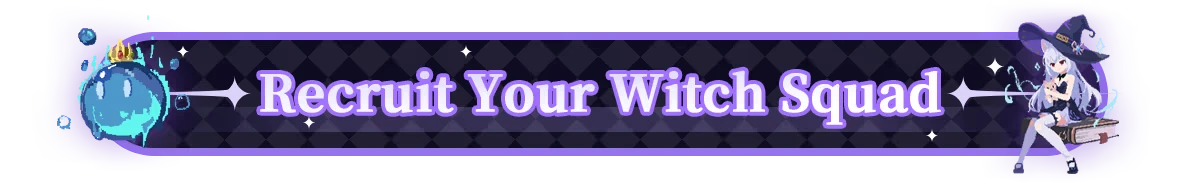 Witch's Apocalyptic Journey: Banner with "Recruit Your Witch Squad" text, witch on a floating book.