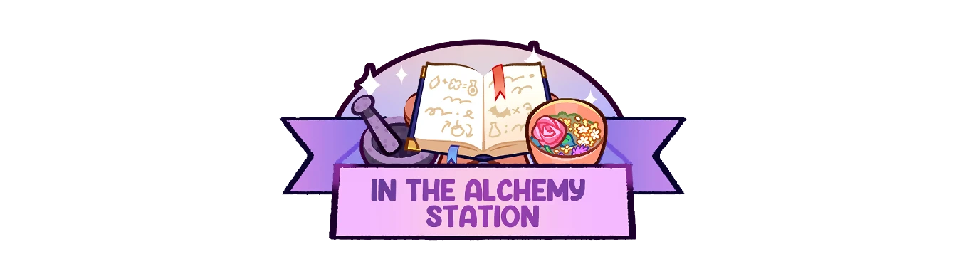 Witchy Business: Open book, mortar and pestle, and flower bowl above "In the Alchemy Station".