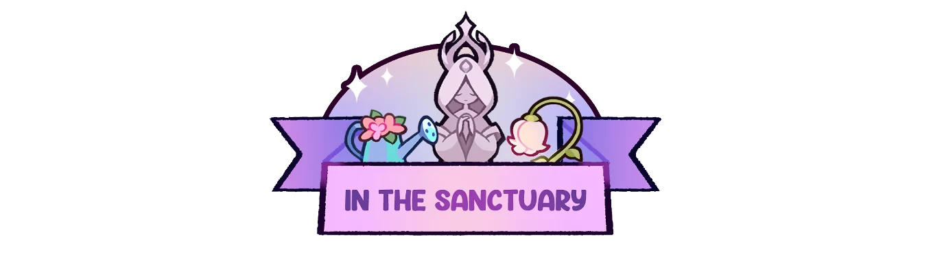 Witchy Business: A robed figure, flowers, and watering can above "In the Sanctuary" text.