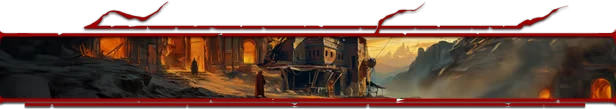 Witherbloom: Panoramic ruined cityscape with orange-lit arches, cliffs, and red border frame.