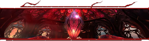 Witherbloom: Red stained-glass archway with a glowing crystal centerpiece and dark vines.