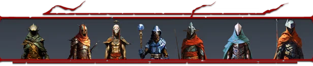 Witherbloom: Row of seven hooded, masked adventurers in cloaks on dark background.