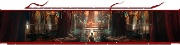 Witherbloom: Lone figure faces glowing altar in flooded hall, red border UI top/bottom.