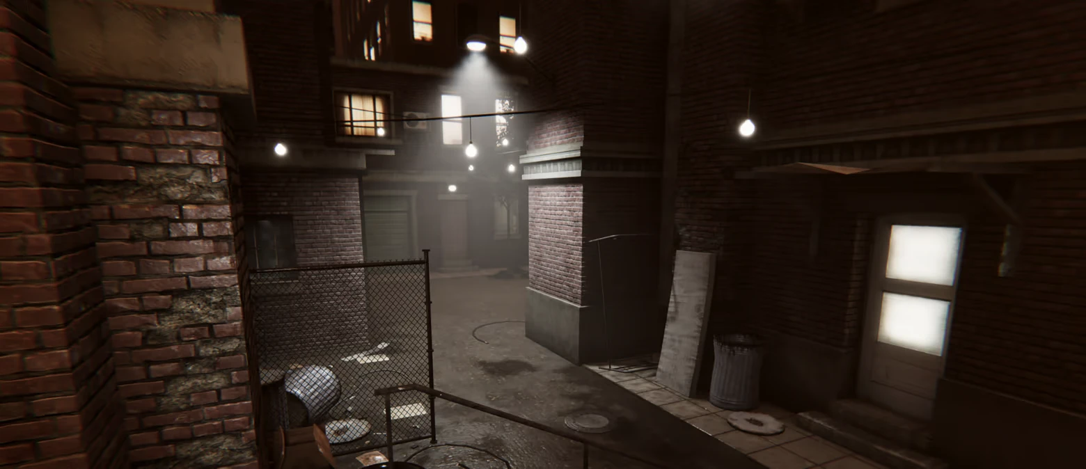 Withered Haven: Dimly lit alley with brick walls, chain-link fence, and scattered debris.