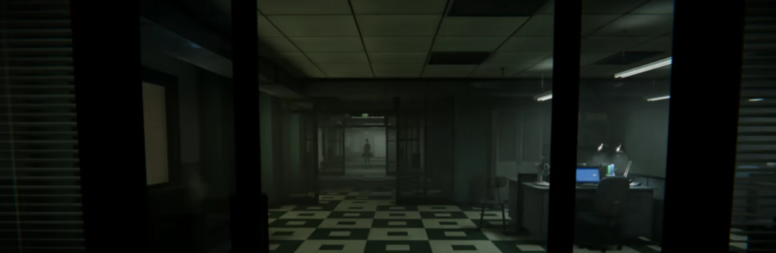 Withered Haven: Dimly lit hallway with checkered floor, distant figure, and an office with a laptop.
