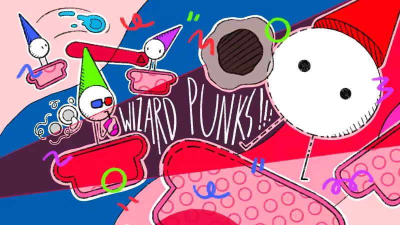 WIZARD PUNKS!!!: Colorful wizards with pointy hats, bold text, and vibrant abstract shapes.