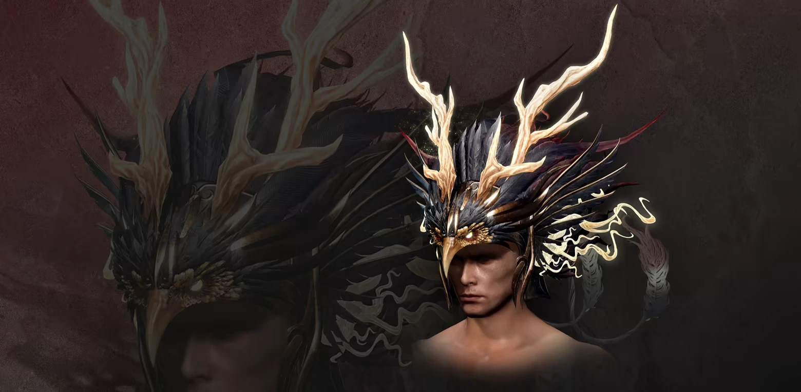 Antlered Helm Portrait – Wo Long 2: Wings of Ember Wo Long 2: Man in ornate black feathered helm with gold antlers and beak visor.