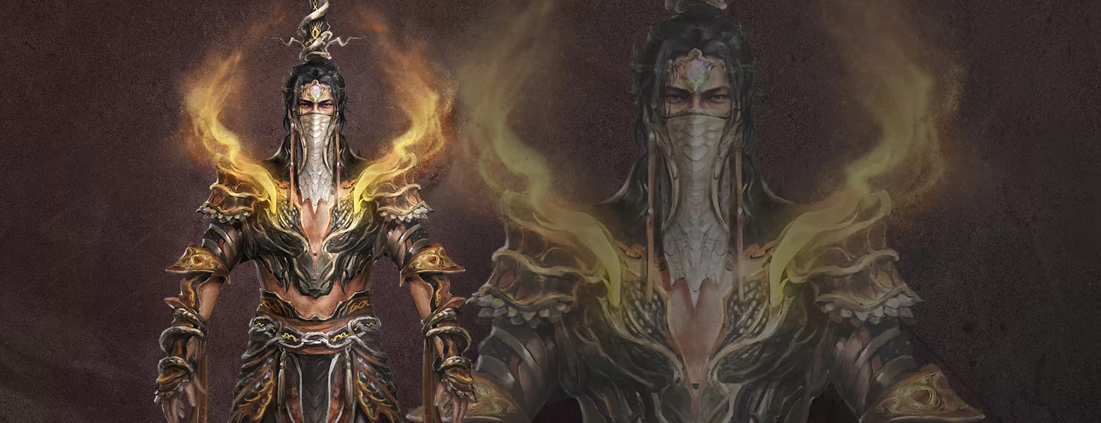 Flame Armored Warrior – Wo Long 2: Wings of Ember Wo Long 2: Masked warrior in ornate armor with flaming shoulder pauldrons, portrait behind.