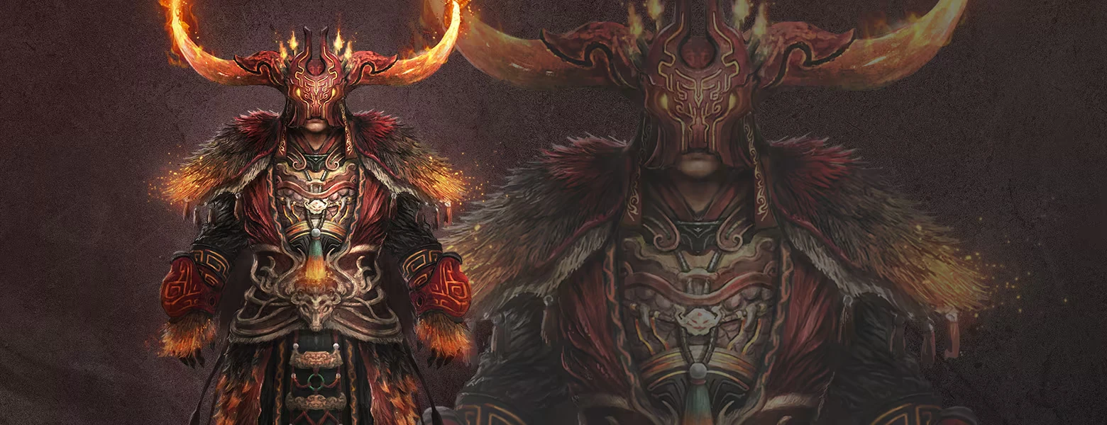 Flaming Horned Helmet – Wo Long 2: Wings of Ember Wo Long 2: Armored warrior in horned flaming helmet and fur cloak, close-up portrait.