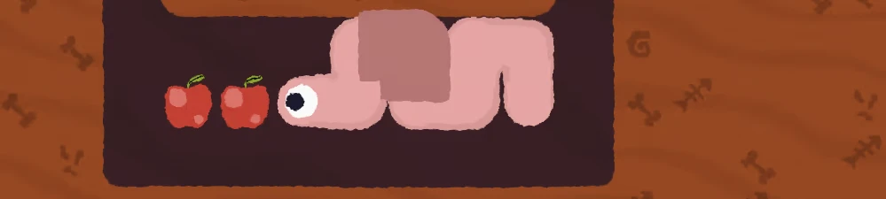 Woim Apples – WOIM WOIM: Pink worm with one eye beside two red apples on a dark soil tunnel background.