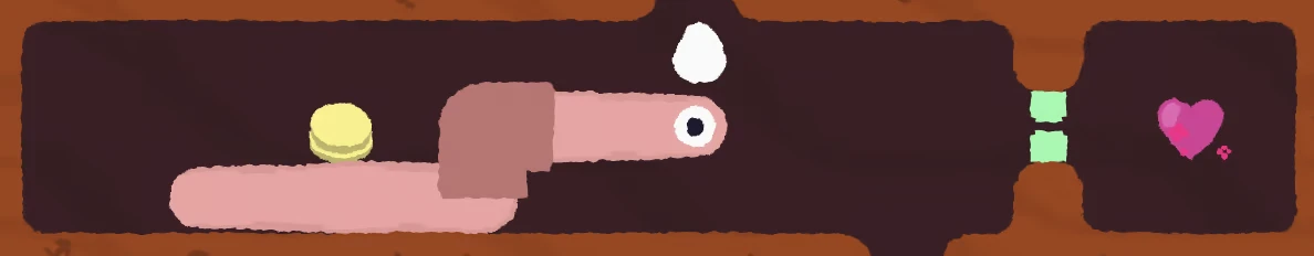WOIM: Pink worm in dirt tunnel with yellow rock, white egg, and pink heart icon.