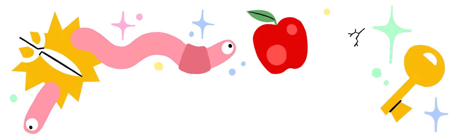 WOIM: Pink worm with scissors, red apple, cracked egg, and gold key on black background.