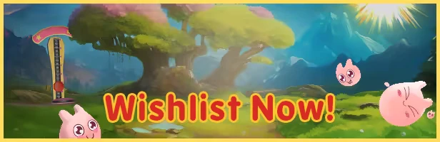 Wolley's Dungeon Adventure: “Wishlist Now!” text over forest scene with pink blobs and gauge.