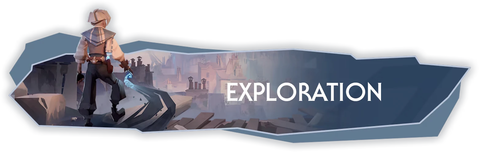 Wonderfall: Figure on rooftop ledge overlooking city ruins, “EXPLORATION” text on right.