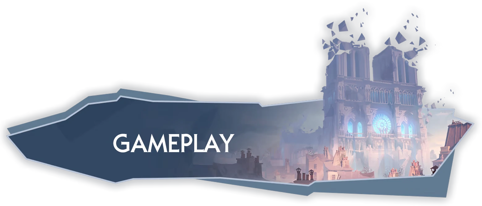 Wonderfall: White “GAMEPLAY” text on blue banner with cathedral and glowing rose window.