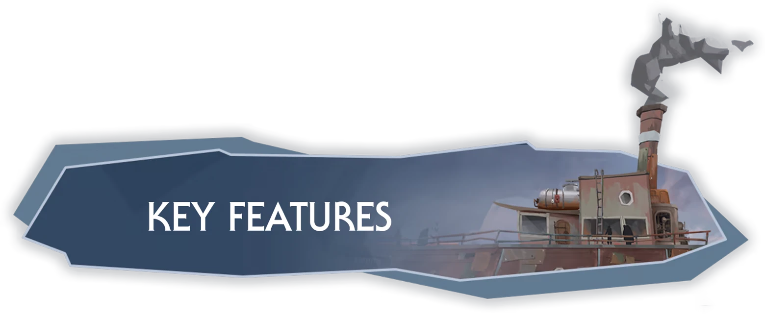 Wonderfall: “KEY FEATURES” text on blue banner beside a rusty boat smokestack.