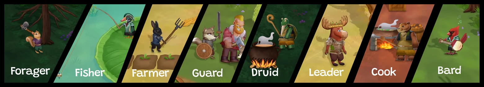 Villager Roles Menu – Woodland Rebels Woodland Rebels: Role cards labeled Forager, Fisher, Farmer, Guard, Druid, Leader, Cook, Bard.