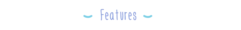 Features Title – Woodo Woodo: White title text “Features” with blue shadow, flanked by small blue clouds.