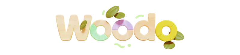 Game Logo – Woodo Woodo: Pastel wooden “woodo” logo with green leaves on a black background.