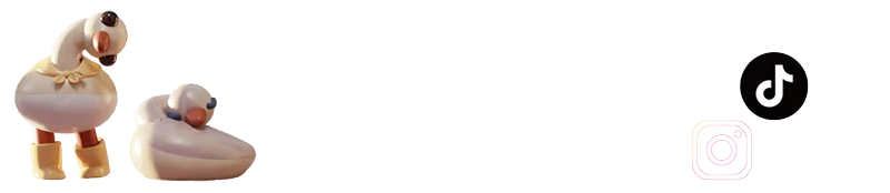 Woodo: Two cartoon ducks, text "Follow us on social media," and icons for Twitter, TikTok, Instagram.