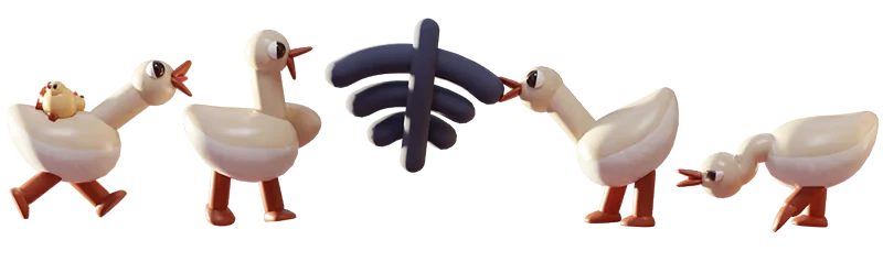 Wooden Duck Family – Woodo Woodo: Four wooden geese around a dark blue Wi‑Fi symbol, one with chick.