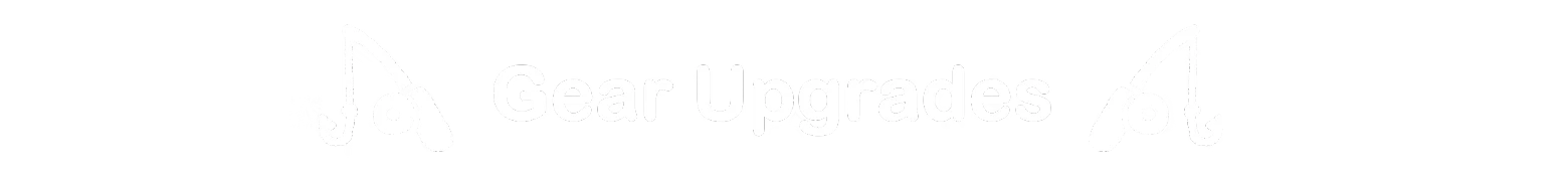 Gear Upgrades – Work...Or Fish? Work...Or Fish?: White “Gear Upgrades” text with fishing rod icons on black background.