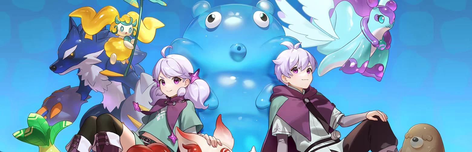 World of Slime: Two white-haired heroes with creatures, giant blue slime behind them.