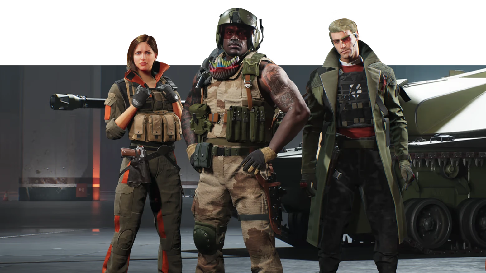 World of Tanks: Three armed agents pose in front of tanks in a hangar bay.