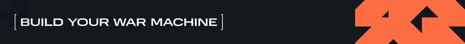 World of Tanks: White text “BUILD YOUR WAR MACHINE” in brackets on dark banner.