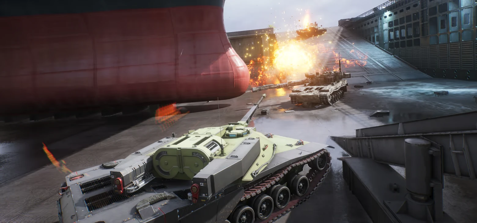World of Tanks: Tank in dockyard as another tank explodes near a ship hull.