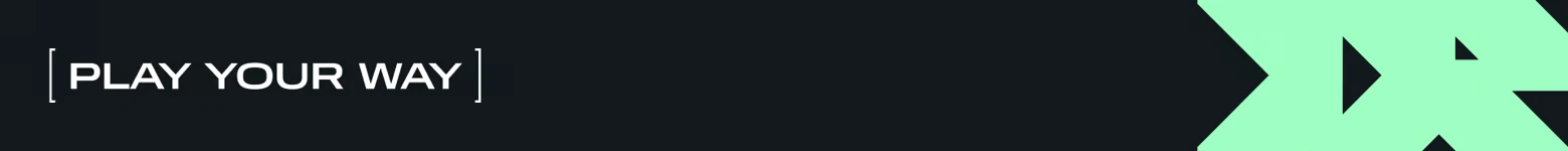 World of Tanks: White text “PLAY YOUR WAY” in brackets on dark banner with green arrow.