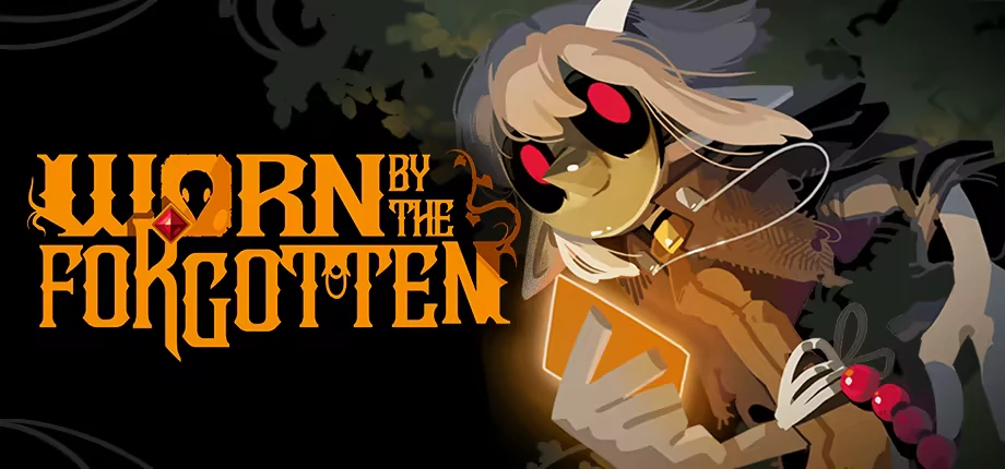 Worn By The Forgotten: Stylized title with ornate letters beside a character holding a glowing card.