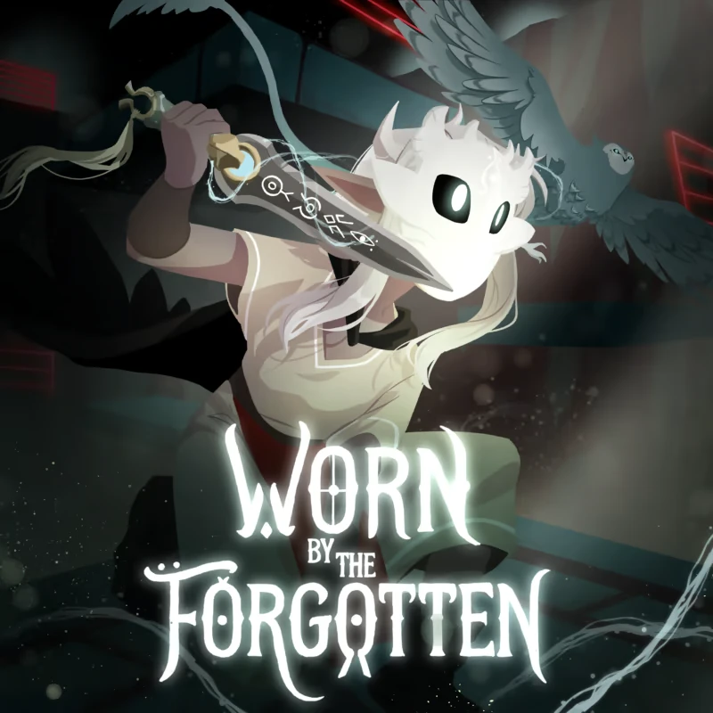 Mask Sword Pose – Worn By The Forgotten Worn By The Forgotten: Masked girl holds rune sword; glowing title text “WORN” below.