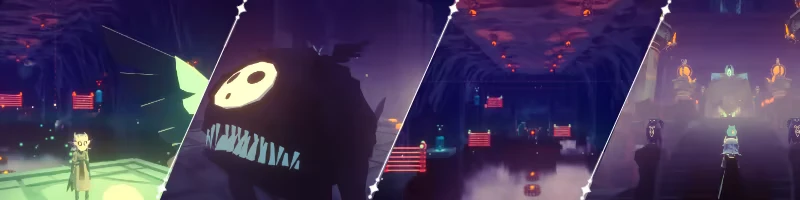 Neon Temple Collage – Worn By The Forgotten Worn By The Forgotten: Split-screen of mask, monster face, cave, and foggy temple scene.