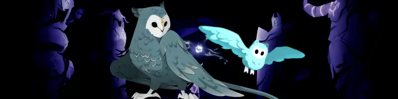 Owl Companions – Worn By The Forgotten Worn By The Forgotten: Large gray owl and small blue owl flying in dark cave.