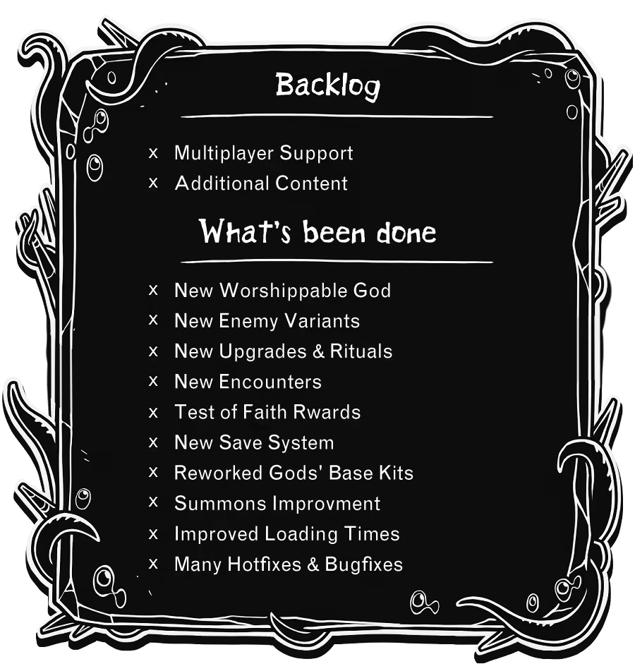 Worship: Blackboard with "Backlog" and "What's been done" lists, featuring game updates.