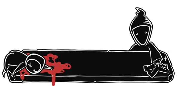 Worship: Hooded figure wipes altar, another lies with red liquid spilling, simplistic art style.