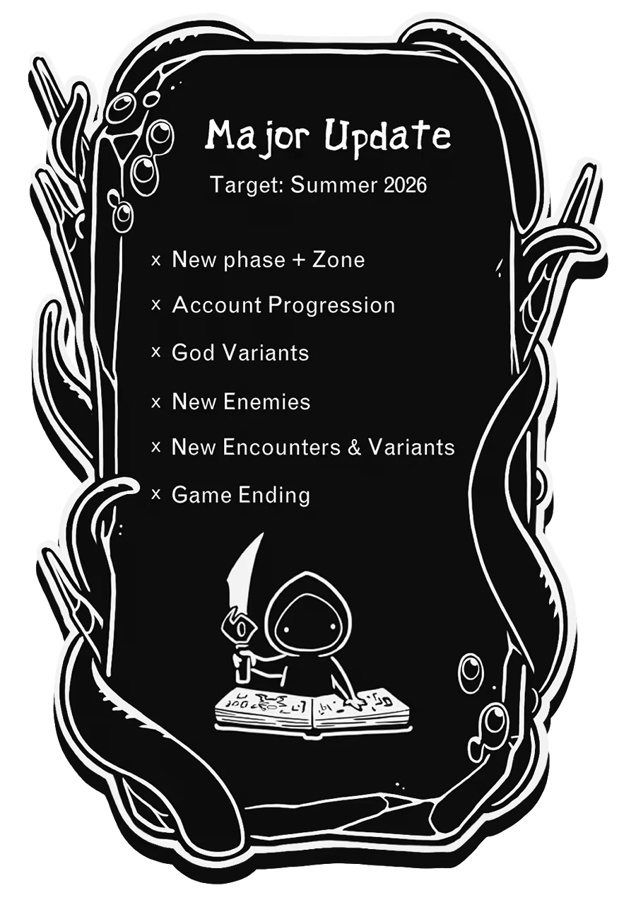 Worship: Black update screen with tentacles, hooded figure with a knife, and a list of new features.